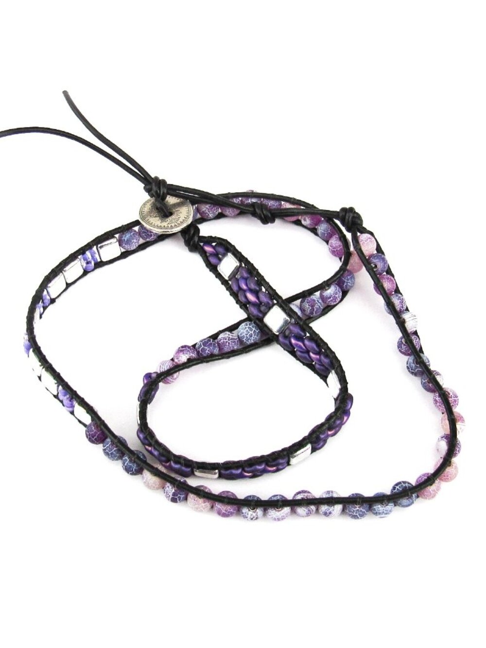 Purple Agate Triple Wrap Stone Bracelet, Leather Glass, Handmade Beaded, Western - Picture 5 of 6